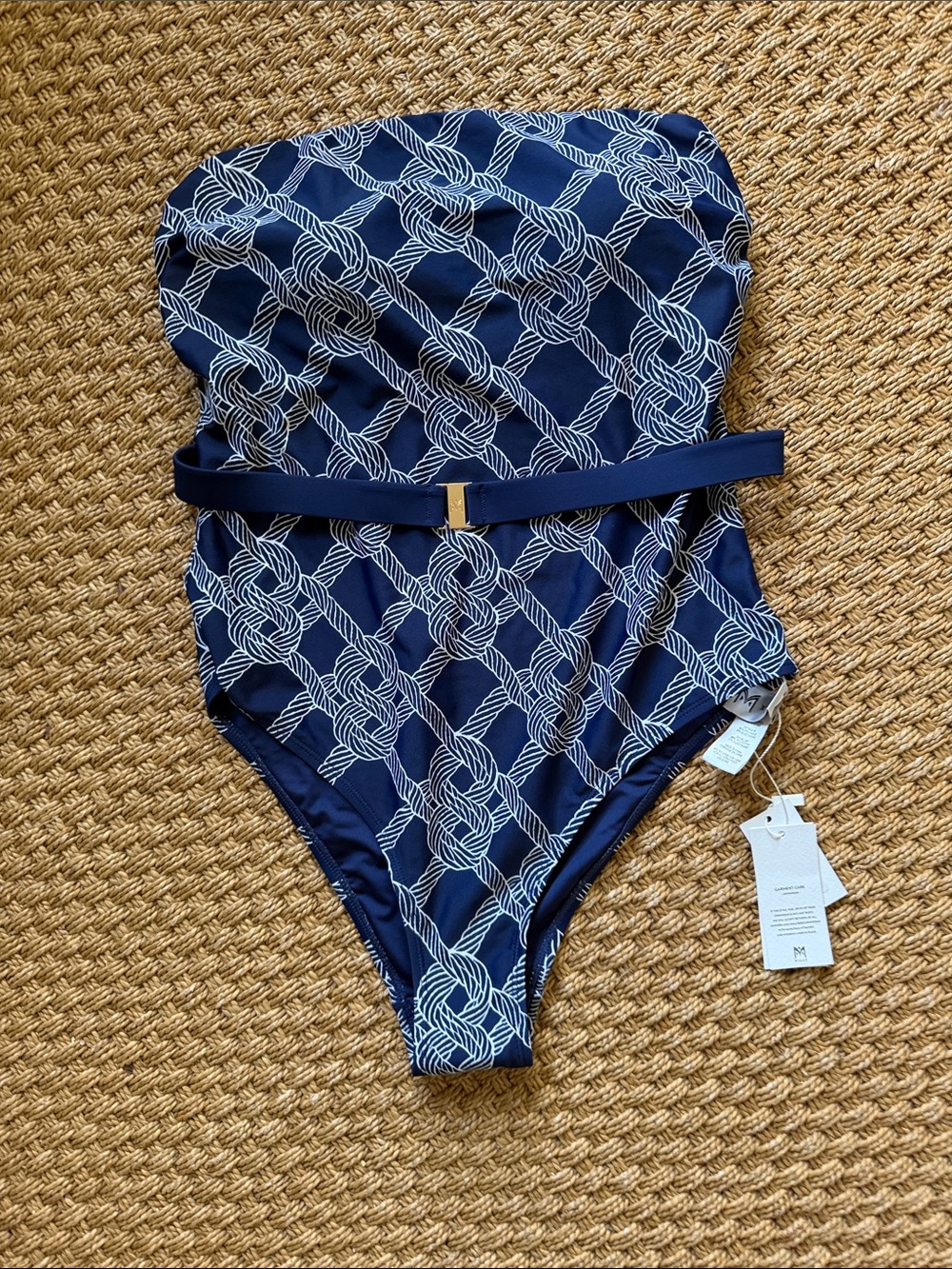 Milly Navy Blue and White Rope Print / Knot-Print One-Piece Swimsuit Large NWT